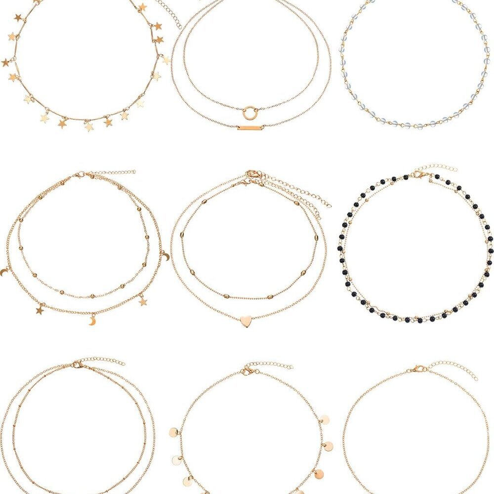 9 Pieces Gold Layering Chain Choker Necklace Layered Pendant Statement Necklace